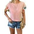 thumbnail image 3 of Women Summer Tops Boho Tops for Women Color Crew Neck Short Sleeve Casual Blouse Pink S, 3 of 9