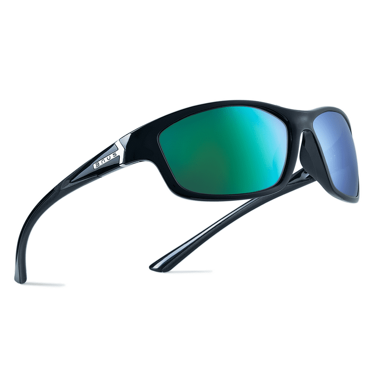 B.N.U.S Corning Glass Lens Sunglasses Polarized Men Women Wrap-around Black  Frame Green Mirrored