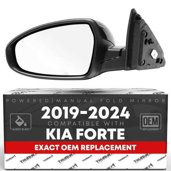 Driver Side Mirror Replacement - Compatible with 2019-2024 Kia Forte - Powered Adjustment, Manual Fold, Flat Glass - Smooth Black, 12H3P - OEM 87610M7000, KI1320226