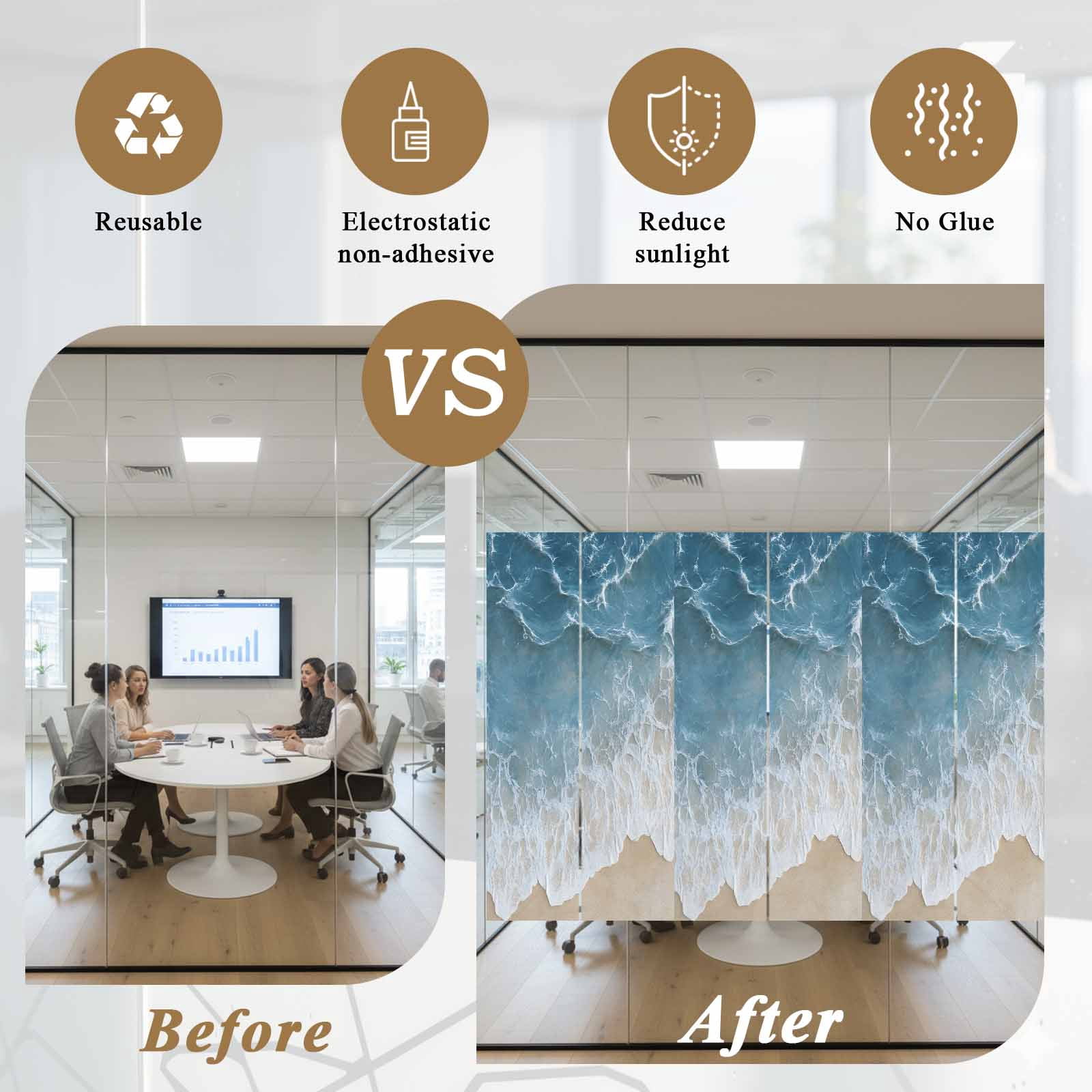 Wave Effect Modern Art Window Privacy Film, Abstract Blue Beach Frosted Glass Window Clings Static Cling UV Heat Blocking Reusable Door Sticker for Bathroom 23.6 x 59 Inch