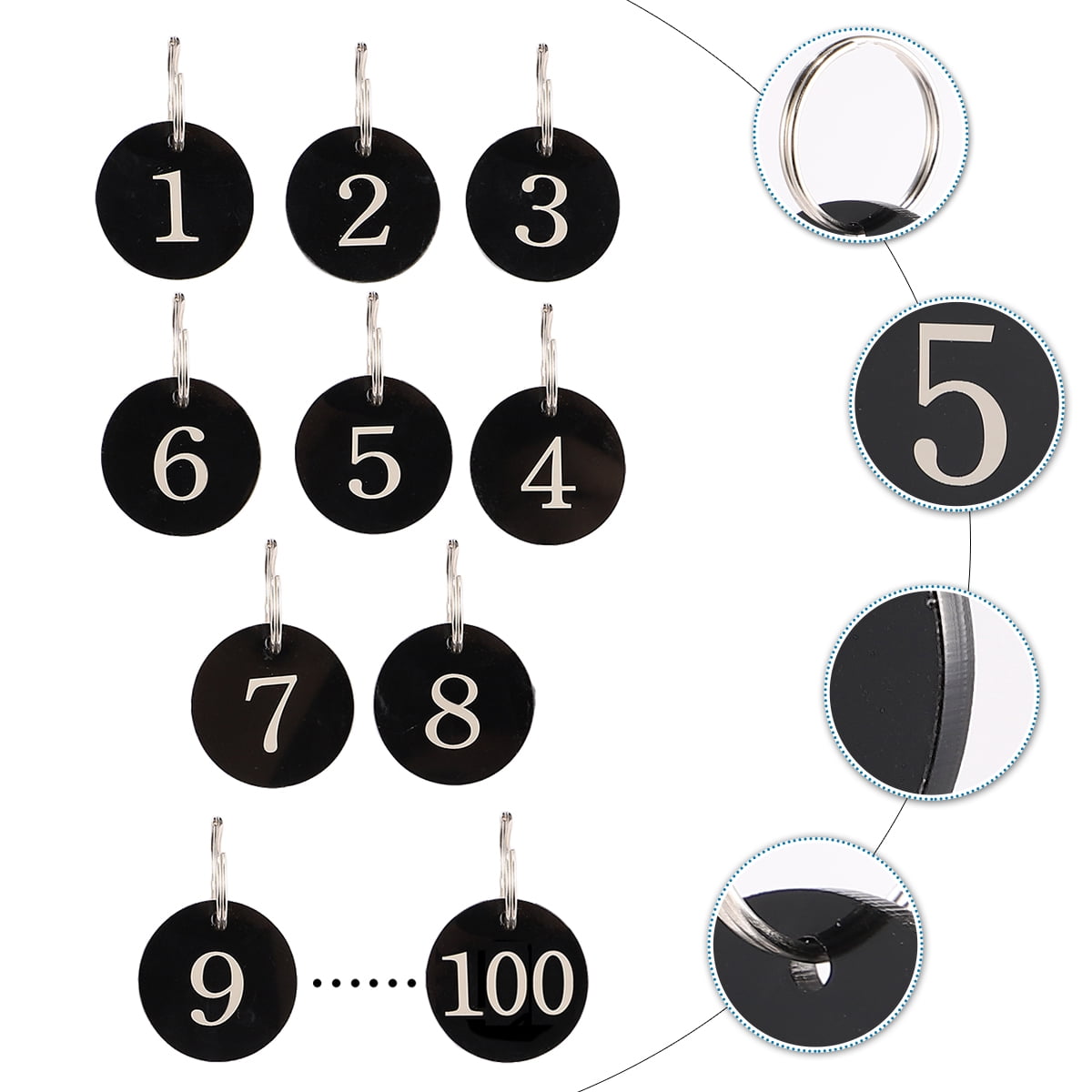 ROMANSENTIAL Engraved Number Tags Number Tag Rings Black Acrylic 100Pcs for Supermarket Use
