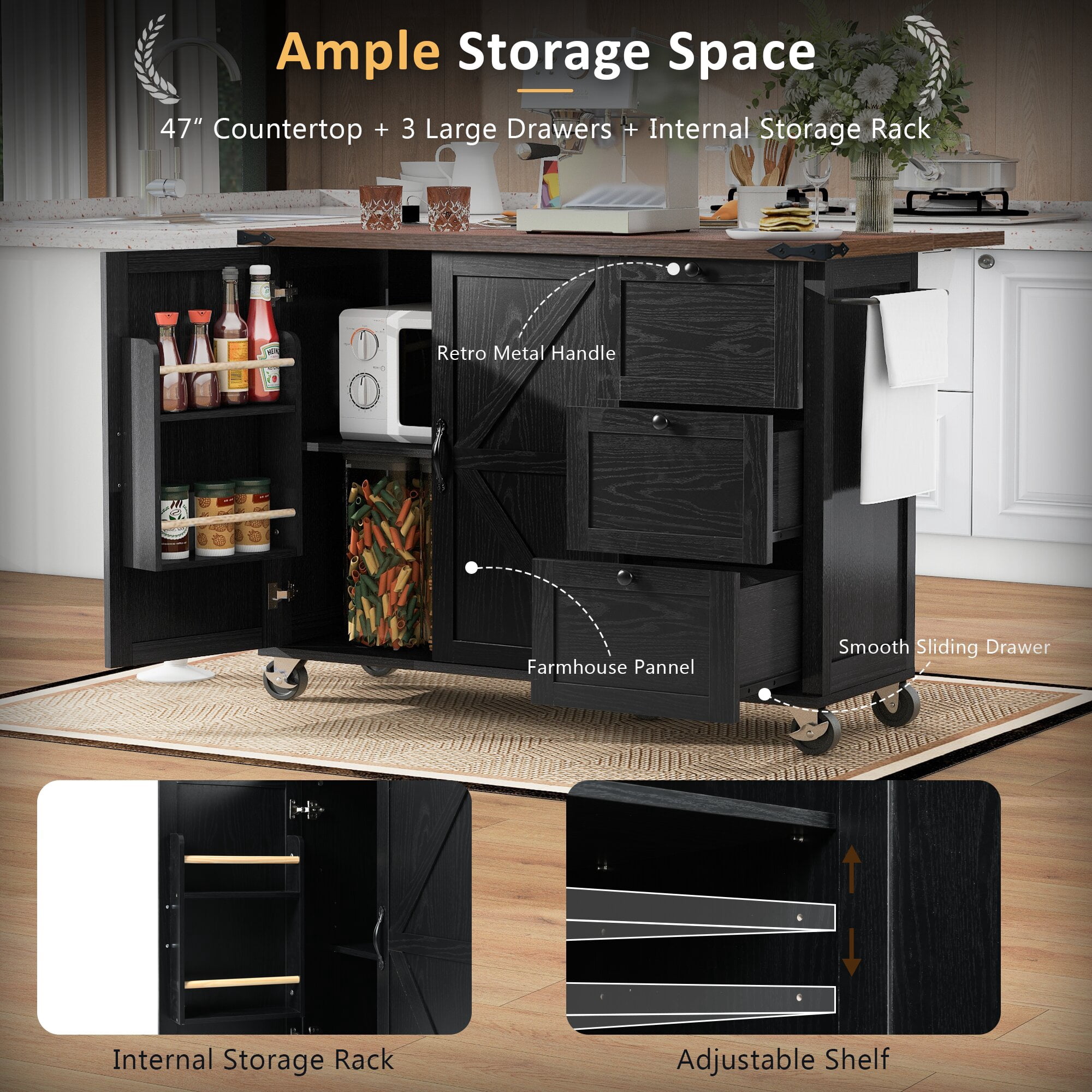 Yoneston 54.5" Farmhouse Kitchen Island with Power Outlet and Drop Leaf, Multifunctional Kitchen Trolley with Internal Storage Rack, Spice Rack and 2 Doors 3 Drawers for Kitchen Dining Room, Black