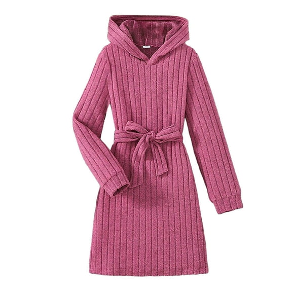 NAFUU Girls Sweater Dress Long Sleeve Ribbed Knit Hooded Dress Solid Color Casual Tunic Dresses Big Girls Fall Sundress Daily Wear Princess Party Dresses