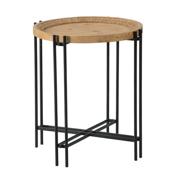 24 Inch Side Table, Modern, Round Tabletop, Carved Wood, Iron Frame, Brown - Saltoro Sherpi