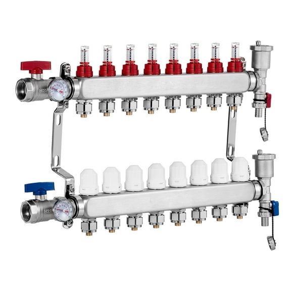 KFFKFF 8-Branch Hydronic Floor Heating Manifold, 1/2" PEX Connections, Stainless Steel Construction, Includes 1/2" Adapters for Radiant Floor Heating Systems