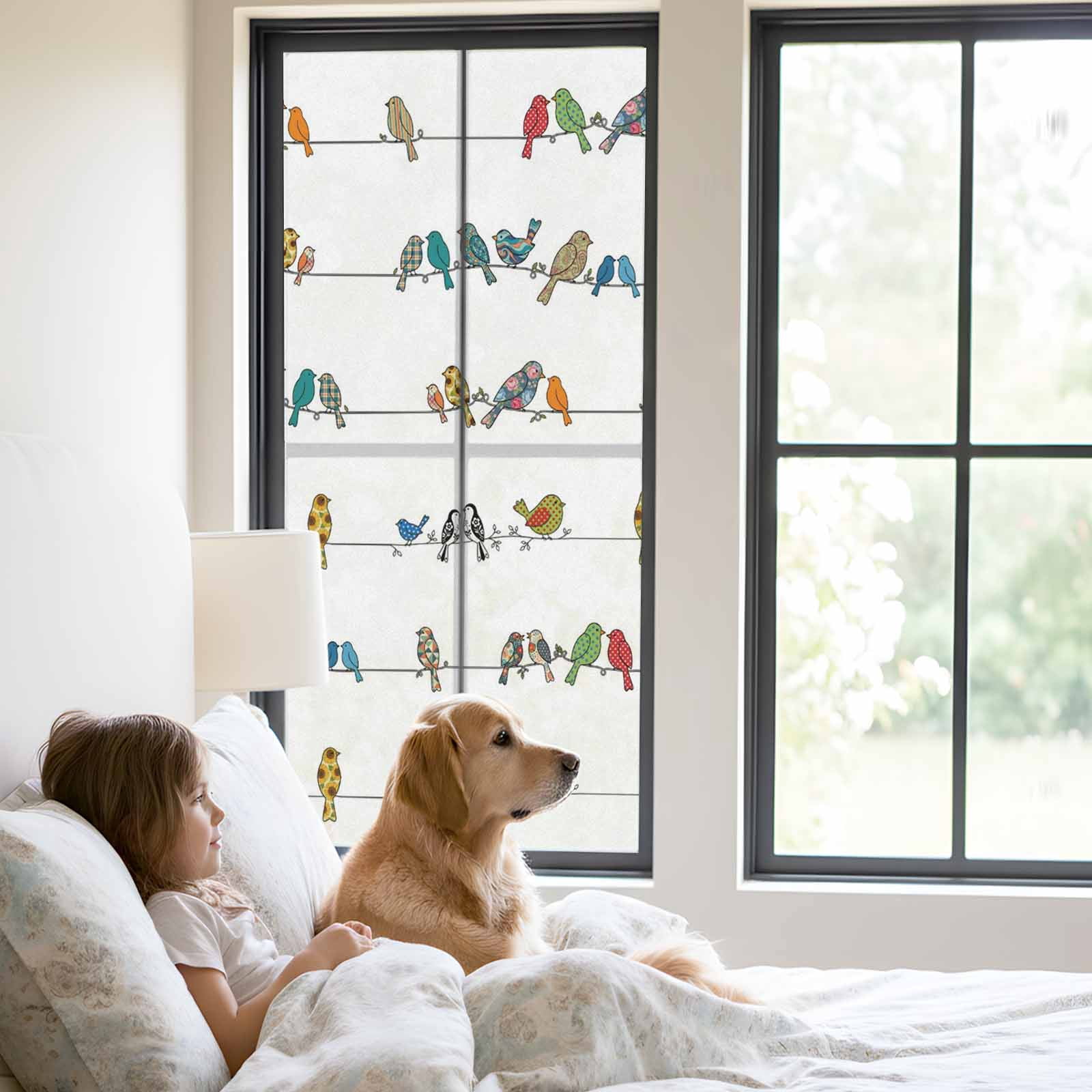 Abstract Bird Window Privacy Film, Cartoon Green Blue Red Orange Bird Stripes Frosted Glass Window Clings Static Cling UV Heat Blocking Reusable Door Sticker for Bathroom 23.6 x 59 Inch