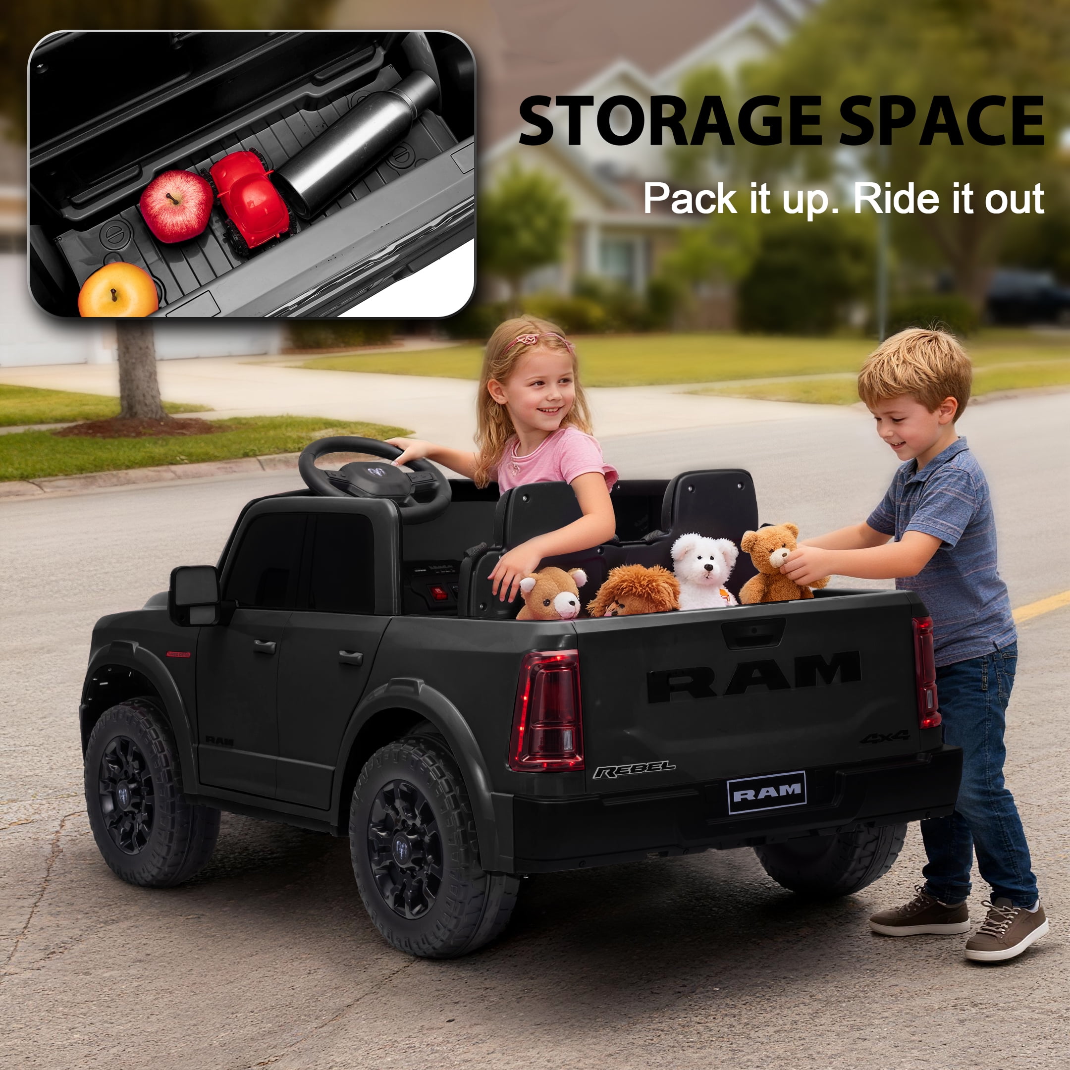 Kerry Yoo SQ7 Ride on Toys Car, 24V Truck RAM 2500 Rebel Electric Vehicle for Kids, Pickup Truck, 2 Seater, Bed Storage, Remote Control, Safety Belt, Music- Black