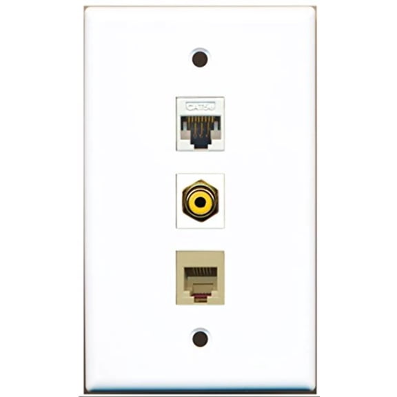 RiteAV - 1 Port RCA Yellow and 1 Port Phone RJ11 RJ12 Beige and 1 Port Cat5e Ethernet White Wall Plate