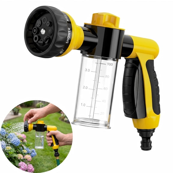 Garden Hose Spray Nozzle with Soap Dispenser - 8 Pattern High Pressure Foam Gun for Car Wash, Plants, and Pets, Orange