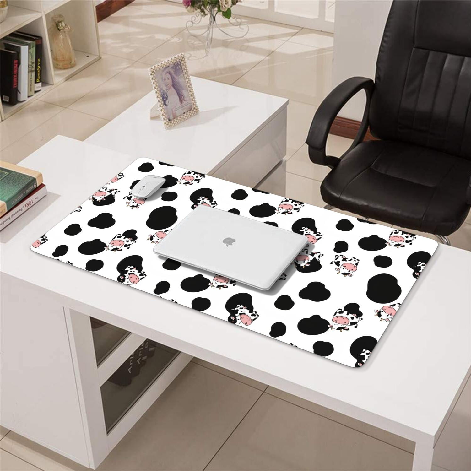 Long Mouse Pads for Desk,White Cow Black Spot Pattern Desk Mats on Top Of Desks, Desk Mouse Pad Extra Large with 3mm Non-Slip Base and Stitched Edge for Gaming,Office,Work,Home 31.5"x15.7"
