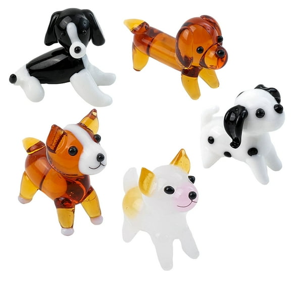 Mini Collectible Glass Dog Figurines - Set of Five Handmade Blown Glass Dog Collectible Figurines Art Glass Dog Ornaments Shelf Home Office Farm Centerpiece Decor