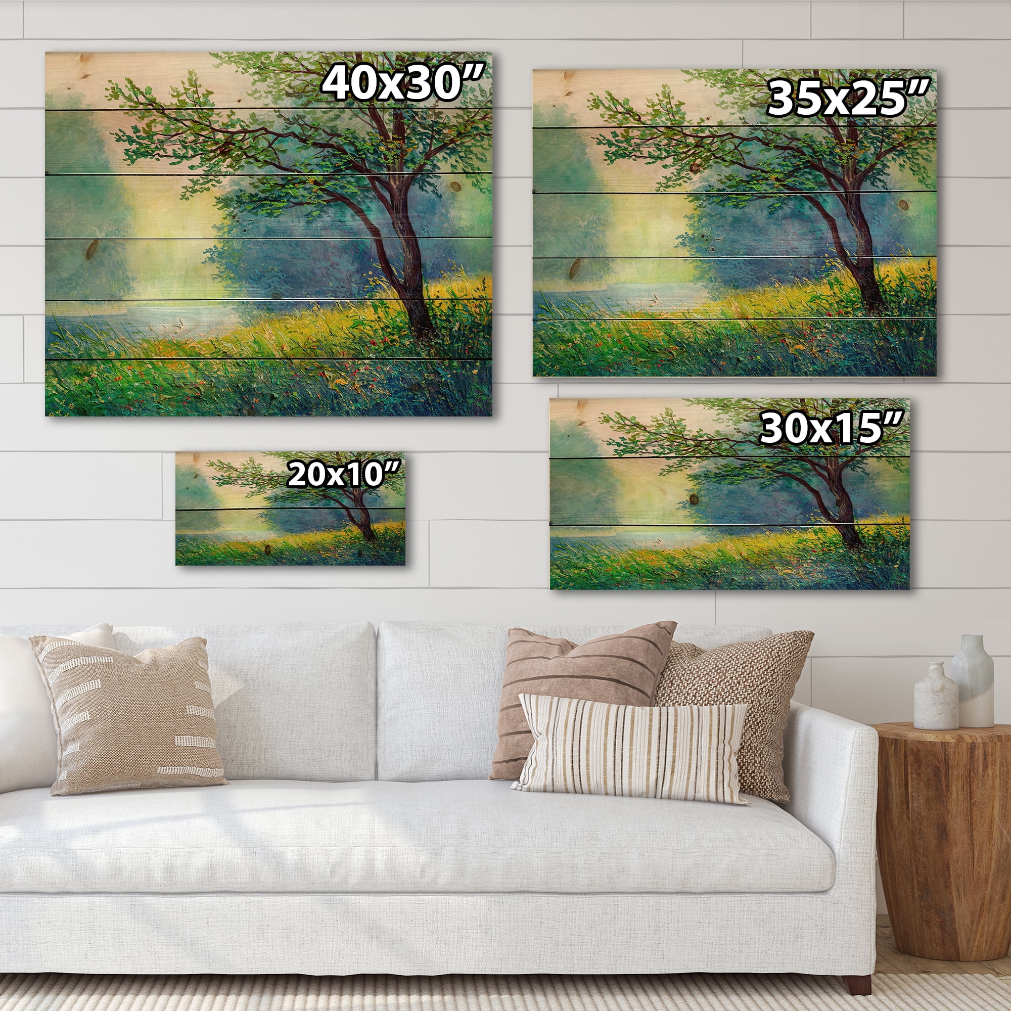 Designart 'Summer Forest With Waterfall and River ' Traditional Print on Natural Pine Wood