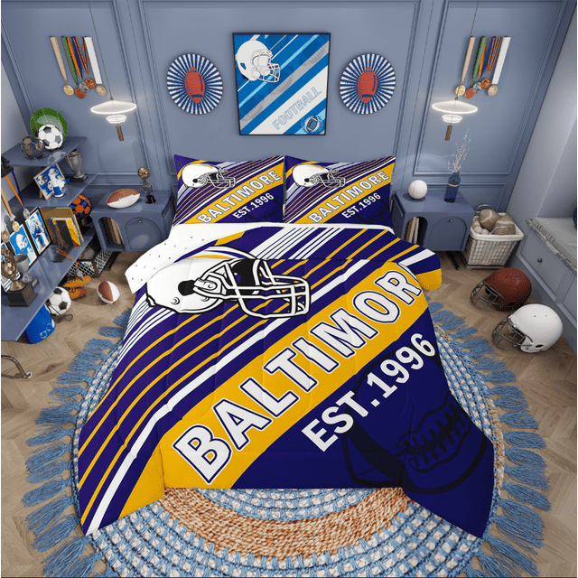 Erosebridal Ensemble de Literie de Sport Football pour Lit Simple, Couette à Rayures, Décoratif pour Chambre d'Enfant (Baltimore), Réversible, Léger, 2 Pcs