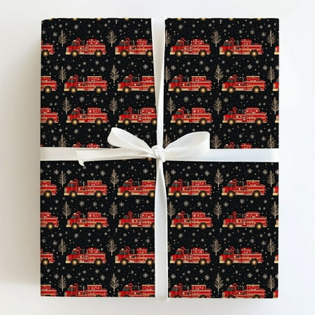 Christmas Fire Truck Snowflake and Tree Pattern Gift Wrapping Paper