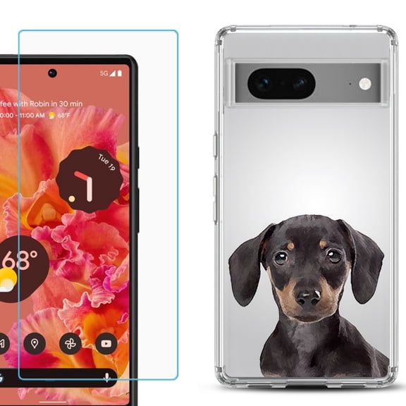 Slim-Fit Gel TPU Phone Case for Google Pixel 7, with Tempered Glass Screen Protector, by OneToughShield ® - Dachshund Face