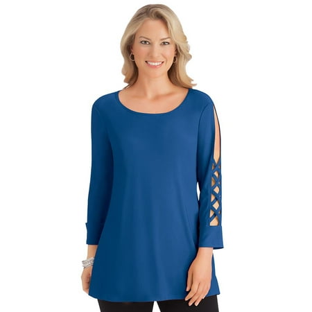 - women's scoop neck criss cross open lattice 3/4 sleeve knit spandex top - made in usa, large, royal blue - made in the usa