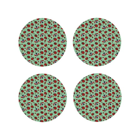 

KLL Drink Coasters Set Round Shape of 4 PU Leather Absorbent Coasters Set Decorative Coffee Cup Coasters Housewarming Gift for Home Decor-Ladybugs 3
