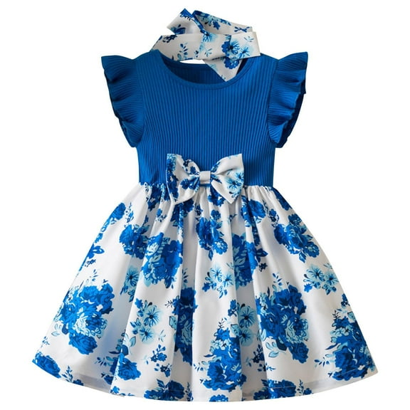 AUNVITO Toddler Floral Print Ruffle Dress Cap Sleeve Waist Tie Princess with Hair Band