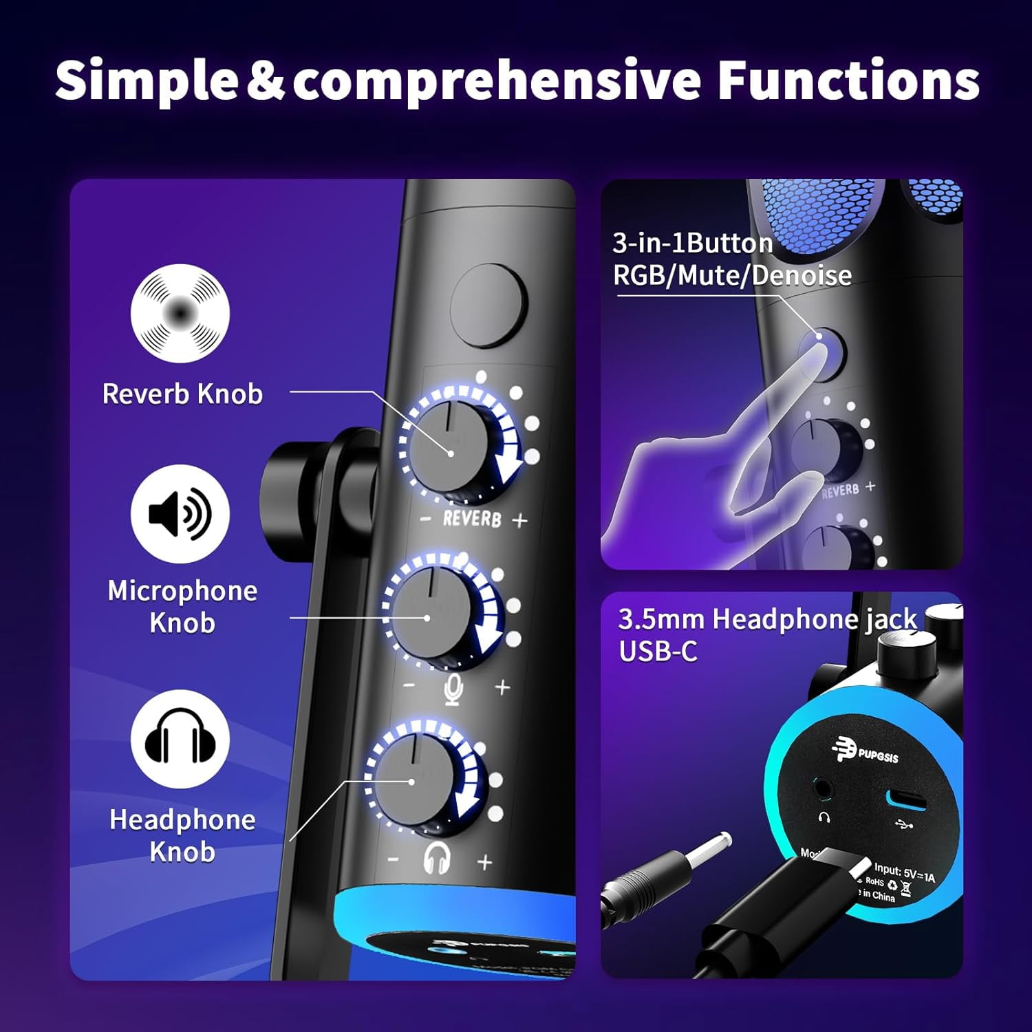 Pupgsis USB Condenser Gaming Microphone with Noise Reduction, Mute, Reverb, Monitor, Adjustable Stand for PC, PS4, PS5, Mac, Podcasting