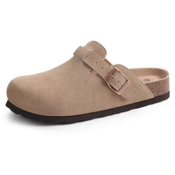 Crestar Unisex Suede Clogs for Women Men, Leather Mules Comfort Soft Cork Footbed Leather Mules Potato Shoes with Arch Support, Taupe