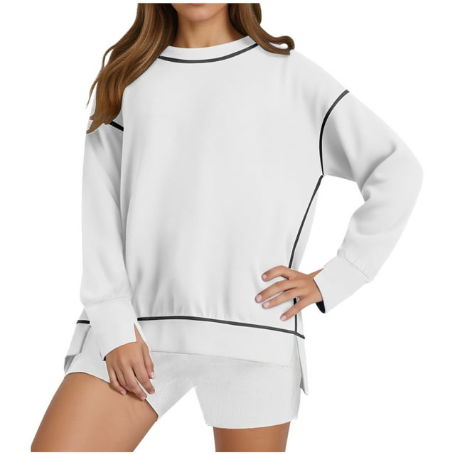 HAiming Womens Long Sleeve Oversize Sweatshirt Casual Crewneck Pullover Color Block Side Split Tops