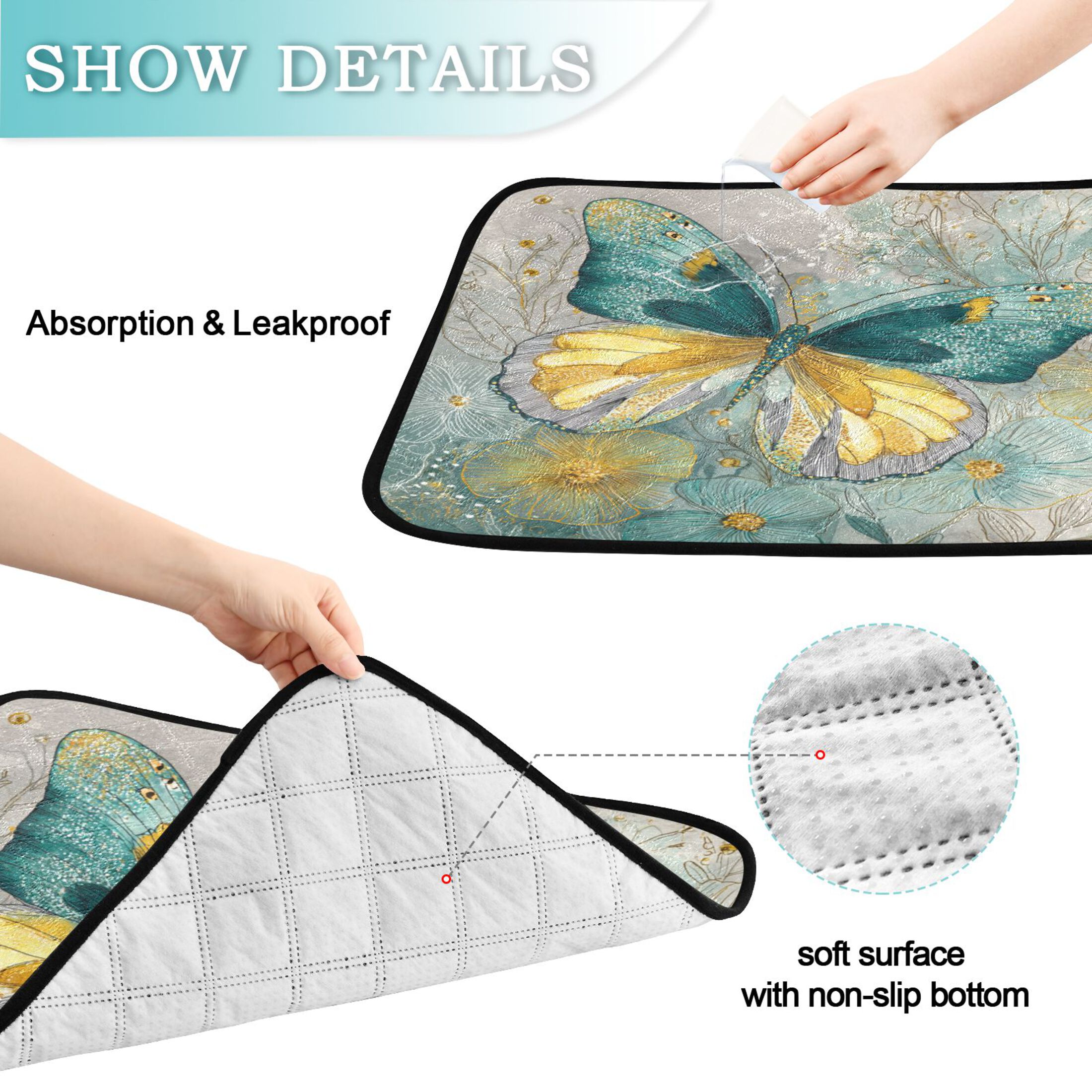 Qxltty Emerald Butterfly Cat litter Pads Pet Set of 2 Diaper Mats Center Anti-leakage Layer Absorbent Soft and Comfortable
