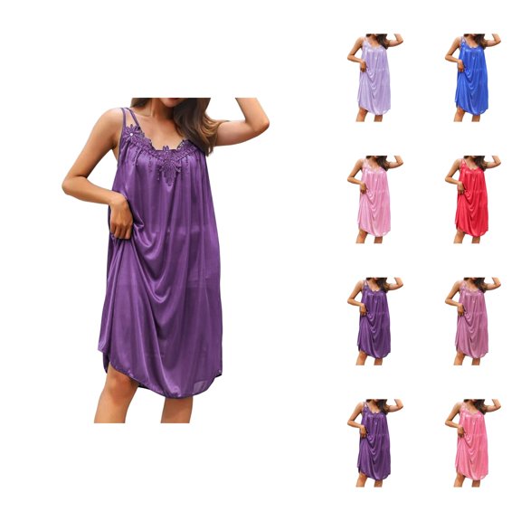 Nightgowns for Women Summer Lightweight Silky Loose Fit Sleeveless V Neck Lace Neckline Sleep Dress Pajama Dress