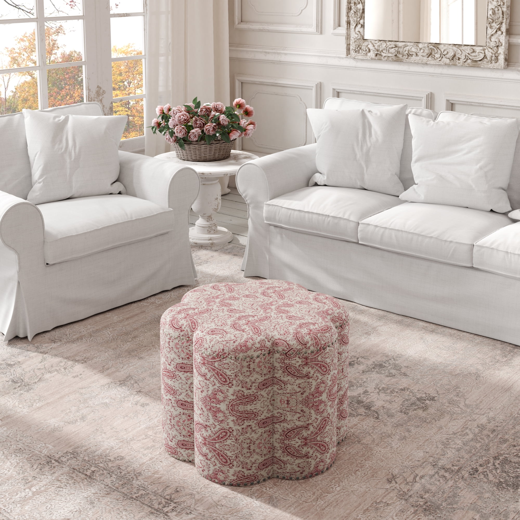 Rustic Manor Lavigne Linen Flower Shaped Ottoman with Nailhead Trim