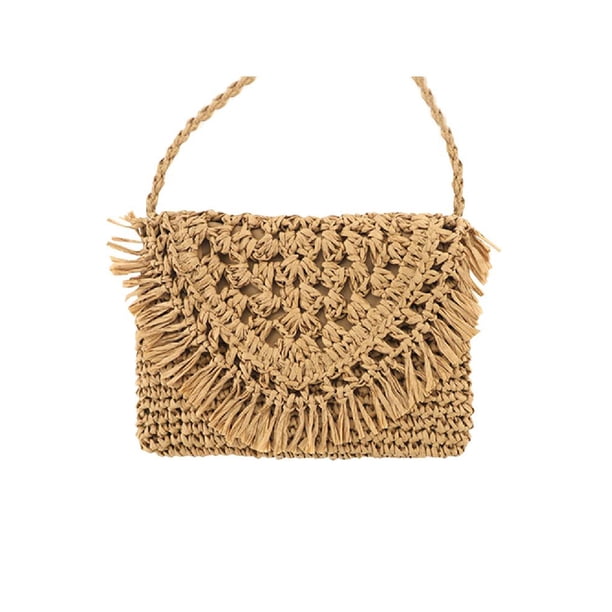 WDOplteas Bolso Hombro Con Borlas Cuerda Papel para Mujer Bolsos Con Solapa Mensajero Playa para Niña (marrón)