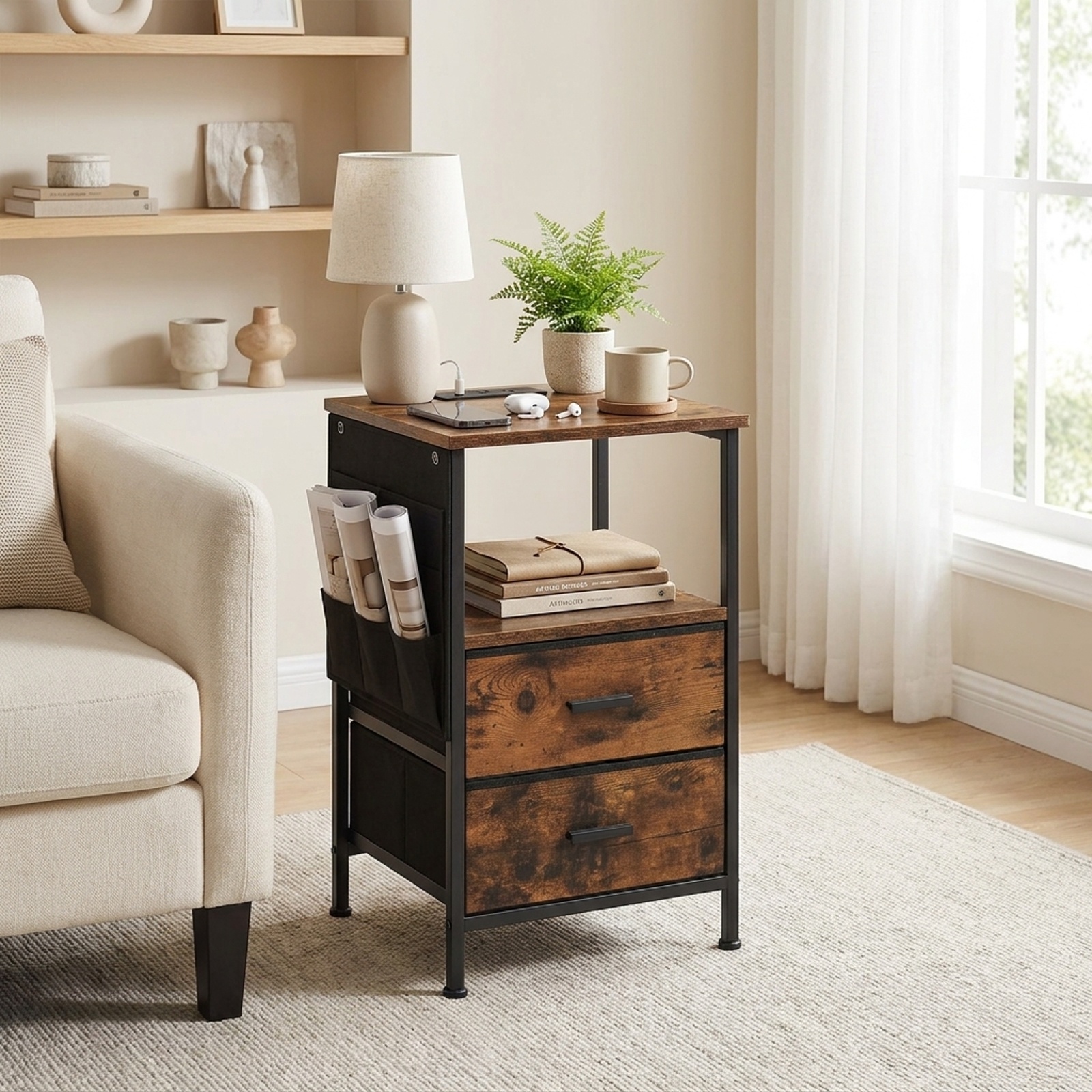 Furnibear End Table Nightstand with Charging Station and 2 Folding Fabric Drawers