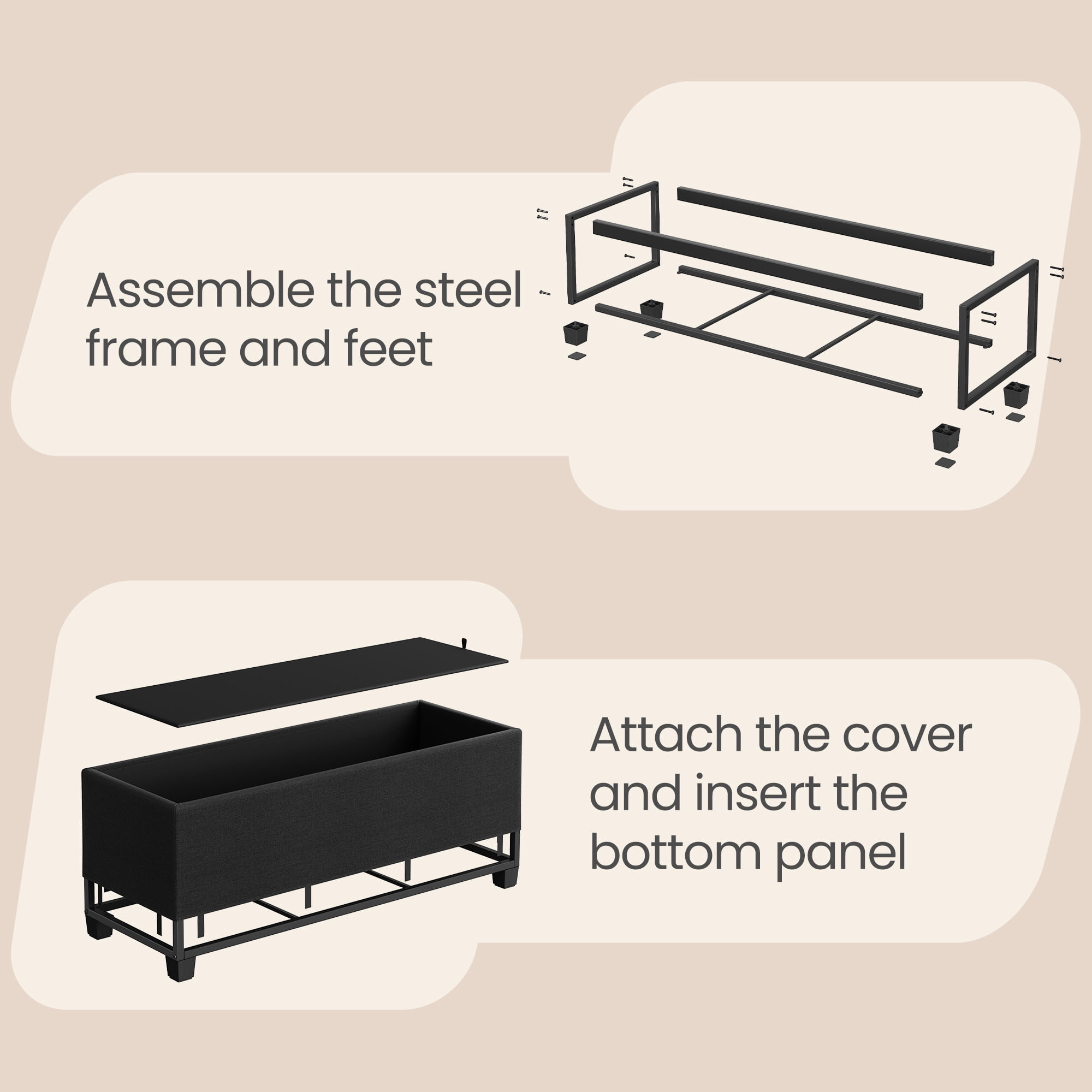 Ledrem Ink Black Storage Ottoman Bench, End of Bed Bench with Removable Cover, Large, Contemporary, Tufted