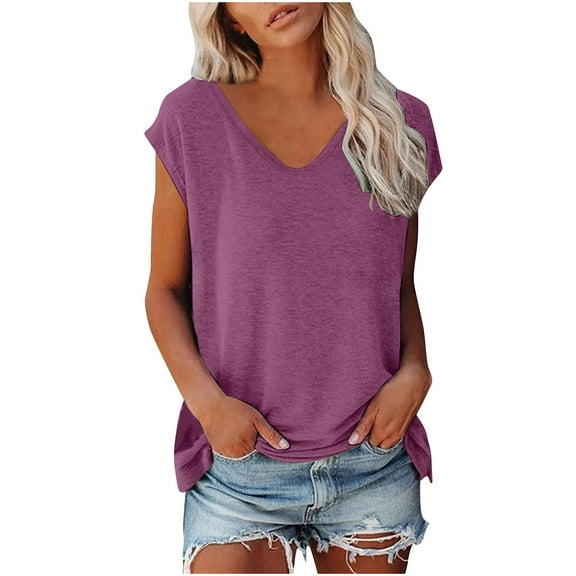 OSOLU Solid Color Women Tops With Sleeves Summer Vest Casual Basic T-Shirt Tshirts Tee Loose Fitting Shirt Holiday Dailywear