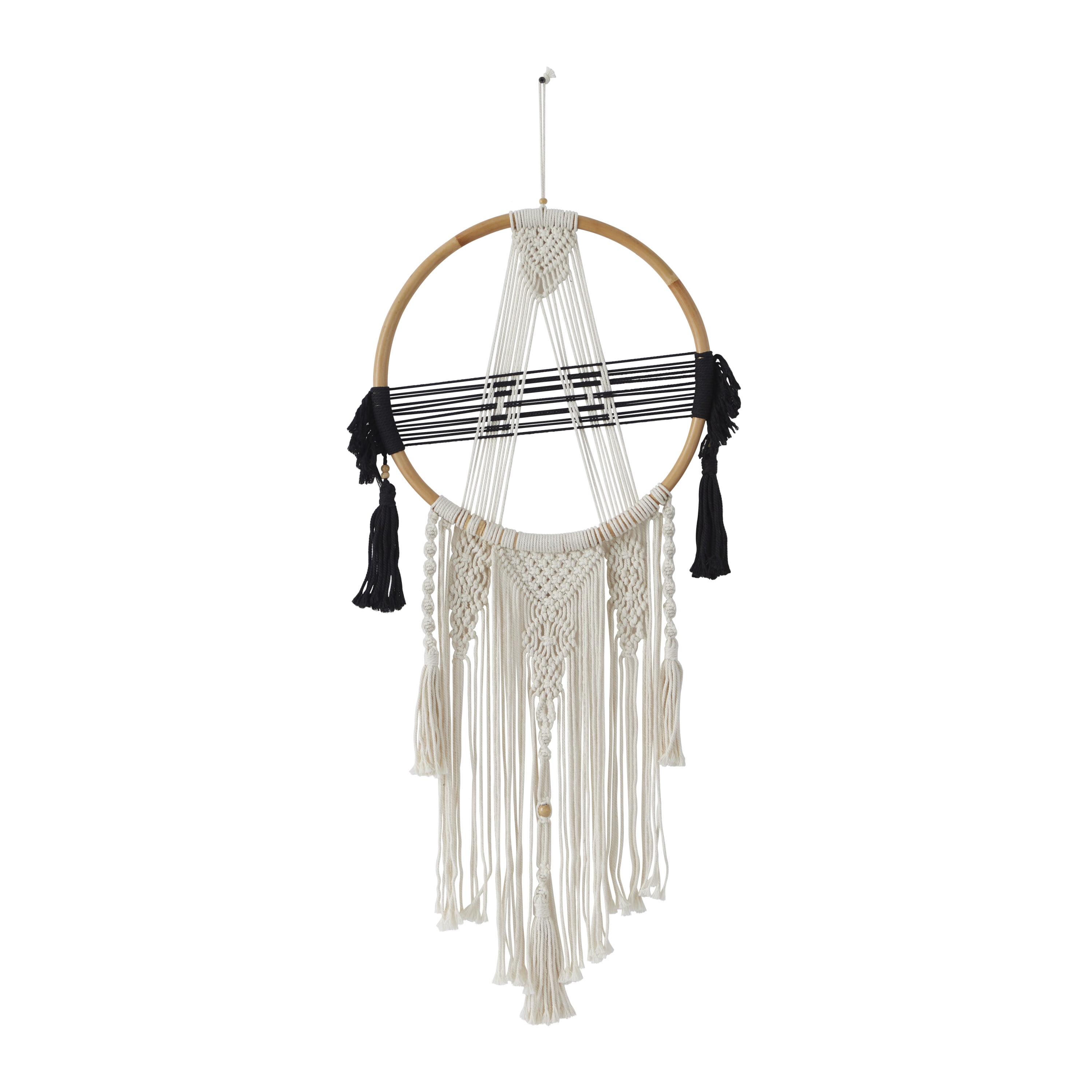 DecMode Black Cotton Handmade Intricately Weaved Macrame Wall Decor with Beaded Fringe Tassels