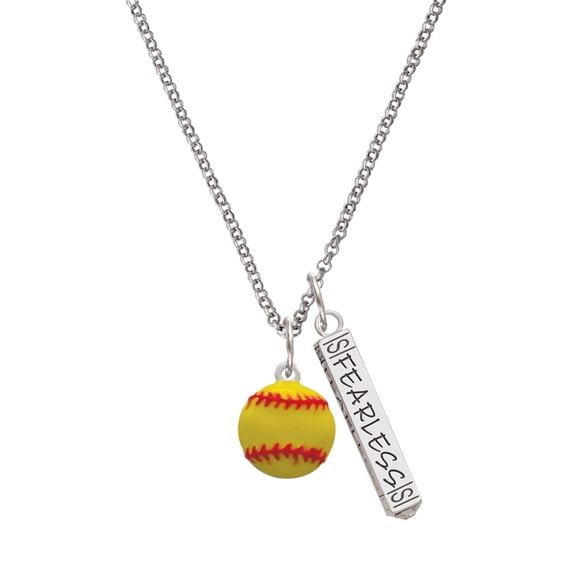 Delight Jewelry Silvertone Large Optic Yellow Softball Silvertone Fearless Bar Charm Necklace, 23"