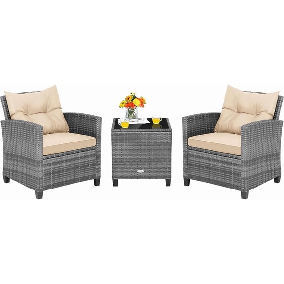 IdealHouse 3 Pieces Wicker Patio Furniture Set, Outdoor Rattan Conversation Cushioned Chair Set with Tempered Glass Side Table, for Porch, Balcony and Garden