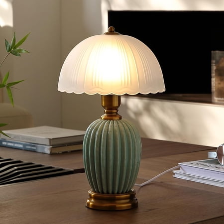 Vintage Mid Century Modern Table Lamp 16 Ceramic Bedroom Nightstand Mushroom Glass Lamp Green Classic Chinoiserie Home Decor