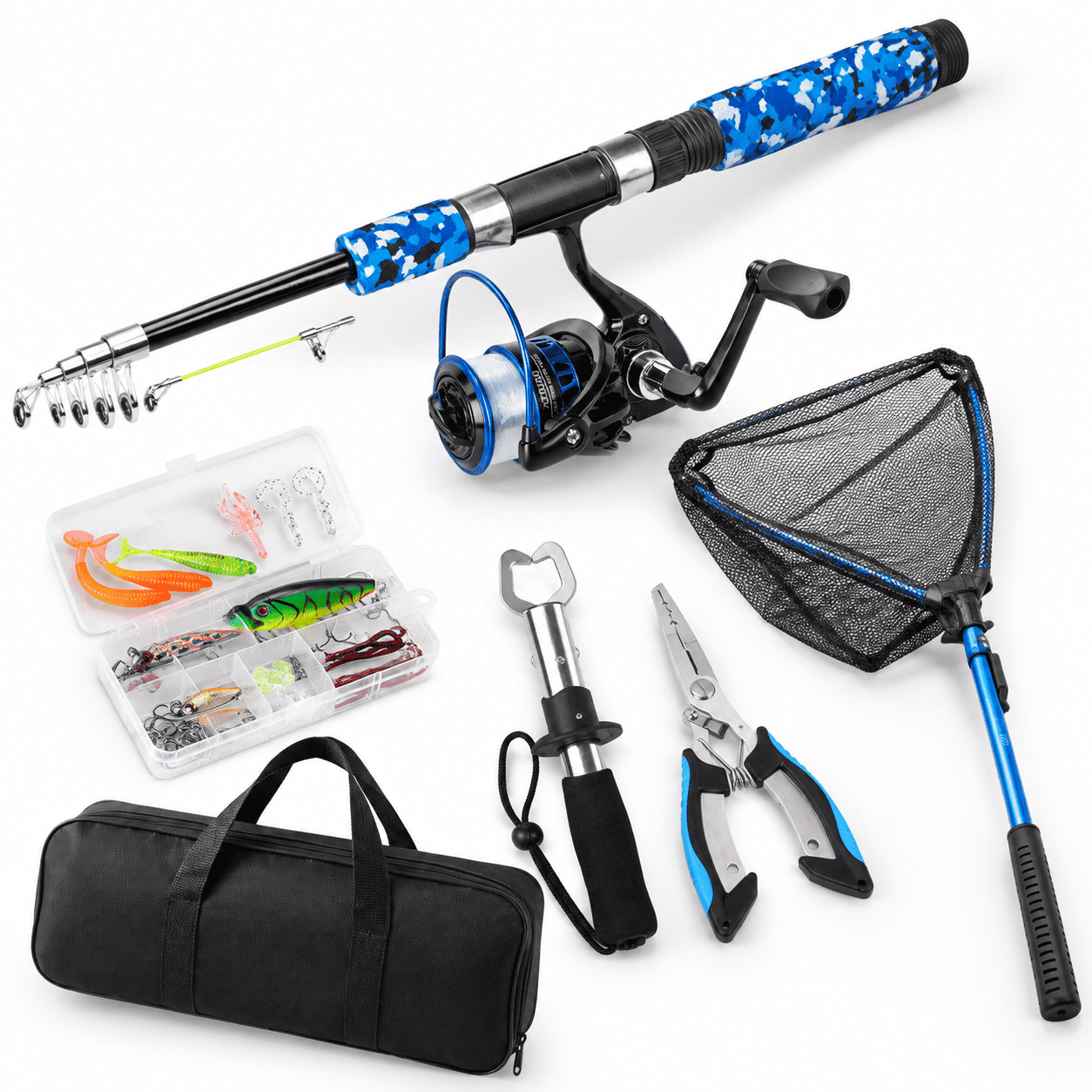 Fishing Rod And Reelbo With Net 6.9ft Telescopic Pole Kit Pliers Lip Gripper Lures Pre-loaded Spinning