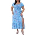 thumbnail image 5 of Agnes Orinda Women's Plus Size Easter Floral Dress Tie Square Neck Smocked Waist Short Sleeve Side Slit Beach A Line Maxi Dresses 1X Blue, 5 of 8