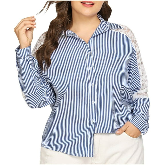 Long Sleeve Shirts for Women Striped Button Down Tops Lapel Casual Loose Blouse Fall Business Cardigan Fashion Clothes 2025 (Blue L)