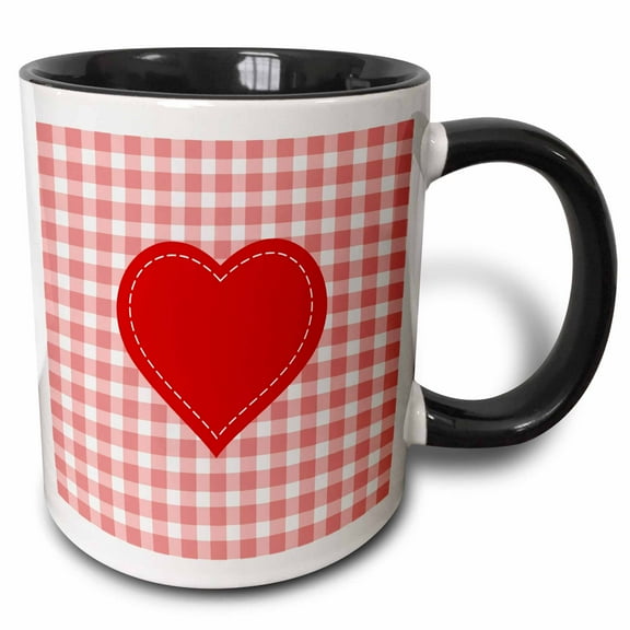 3drose, Red Heart with White Stitch Detail Over Pink Gingham, 15oz Two-tone Black Mug