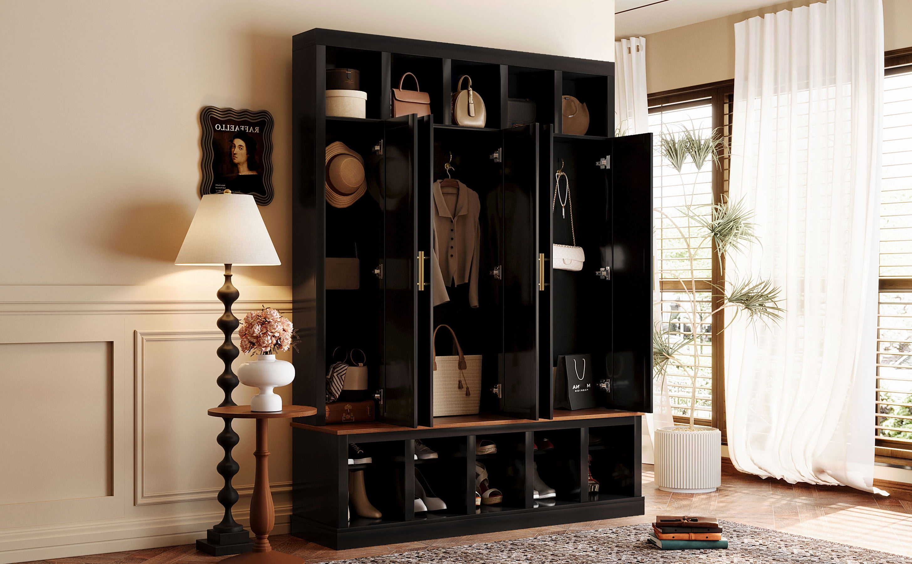 Mintazer 76” Tall Farmhouse Hall Tree with Shoe Rack Bench & Display Cubbies, Storage Cabinet with 3 Doors Closet for Entryway, Living Room, Bedroom, Black