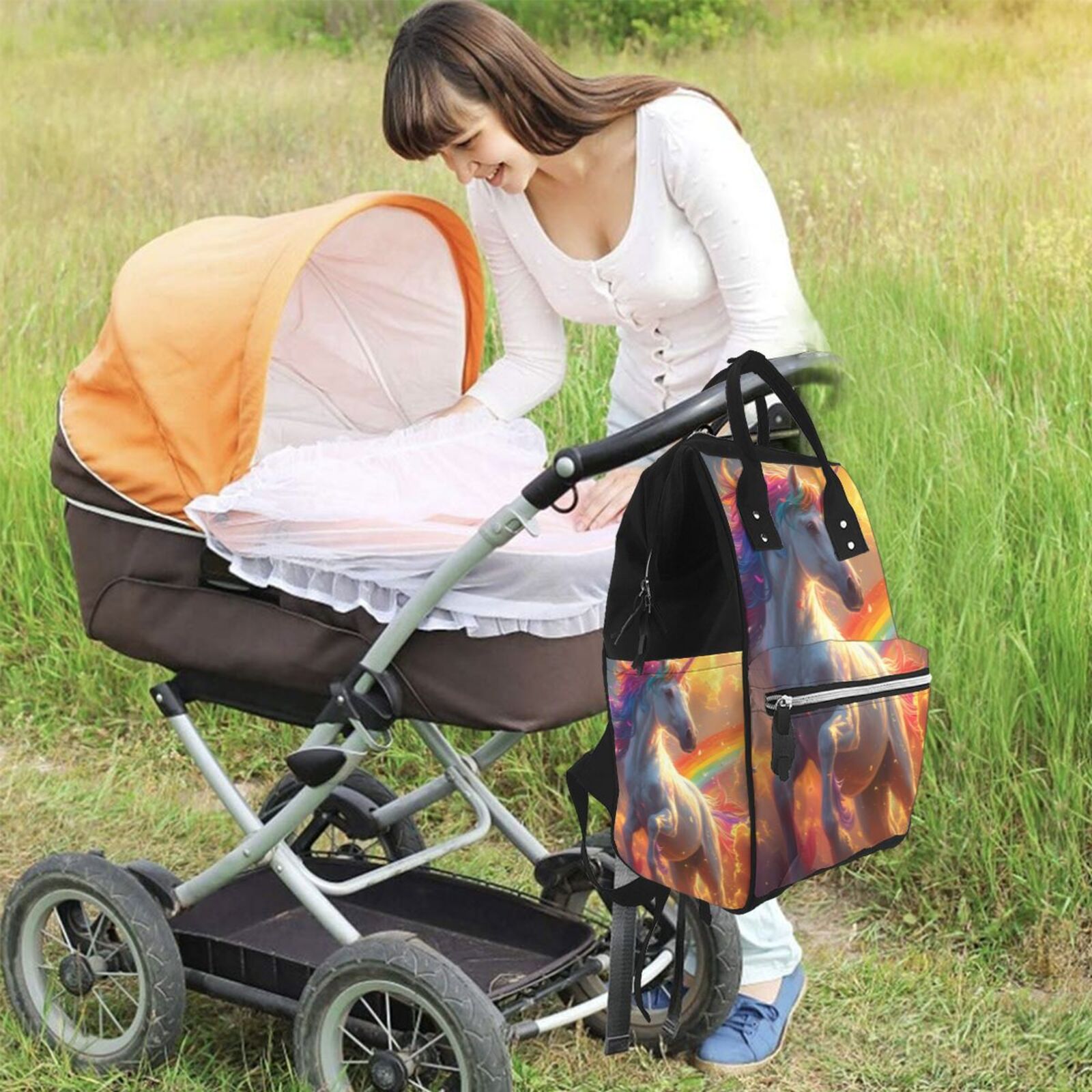 Fuzoiu Rainbow Sunset Cloud White Horse Print Diaper Bag Backpack,Baby Essentials Travel Tote,Multi function Waterproof Diaper Bag, Travel Essentials Baby Bag - Unisex