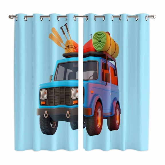 Travel Truck Kitchen Curtains Window Panels, Cartoon Navy Camping Cars Blue Background Insulated Window Treatment Curtain, Grommet Curtains for Bedroom/Living Room/Bathroom, 2 Piece 42"Wx63"L