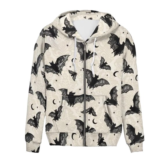 CONZONE Halloween Womens Zip Up Hoodies Bat Graphic Oversized Hooded Sweatshirt for Women Spooky Season Fall Winter Tops
