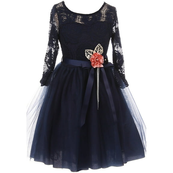 Little Girls Long Sleeve Girls Dress Floral Lace Roses Corsage Christmas Flower Girl Dress Navy 4 (J20KS98)