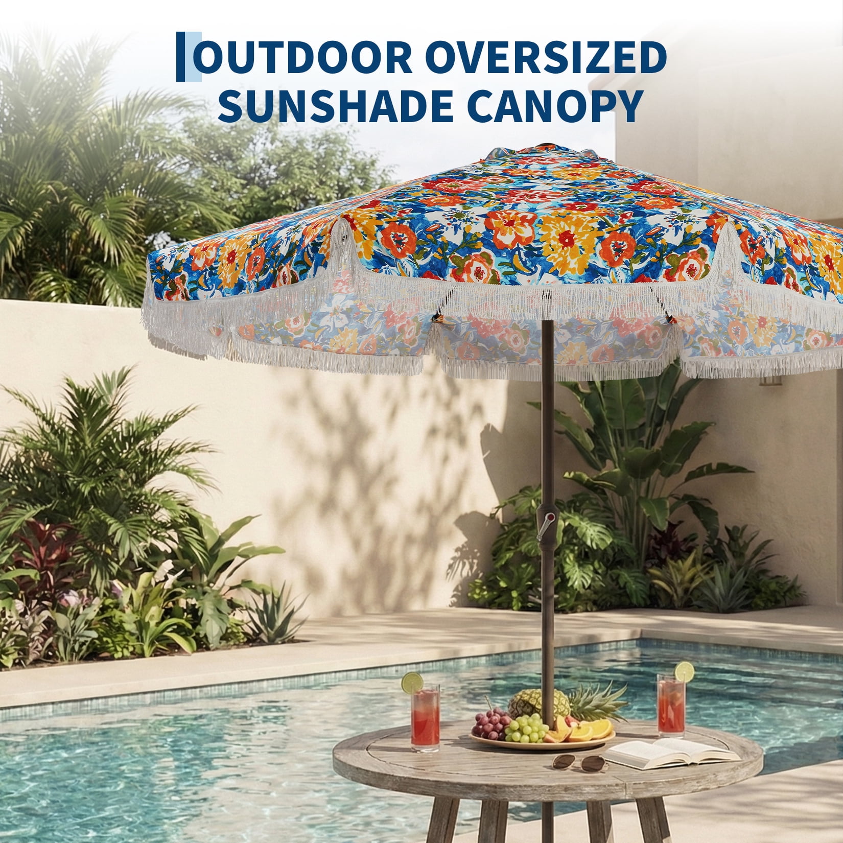 Memoryfield 9FT Fringe Patio Umbrella, UV50+ Sun Protection Outdoor Tassels Beach Umbrella for Garden Pool Backyard, Flower