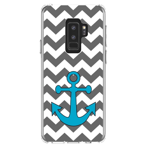 DistinctInk Clear Shockproof Hybrid Case for Samsung Galaxy S9  PLUS (6.2" Screen) - TPU Bumper, Acrylic Back, Tempered Glass Screen Protector - Grey White Chevron Teal Anchor - Nautical Design