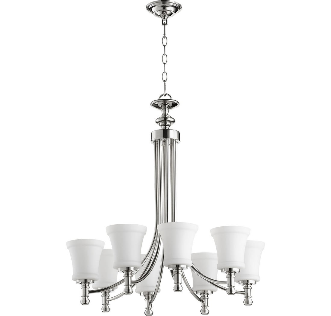 Quorum Lighting Rossington 8-Light Chandelier, Polished Nickel, 27W x 29H, 8 Bulbs, Glass Material
