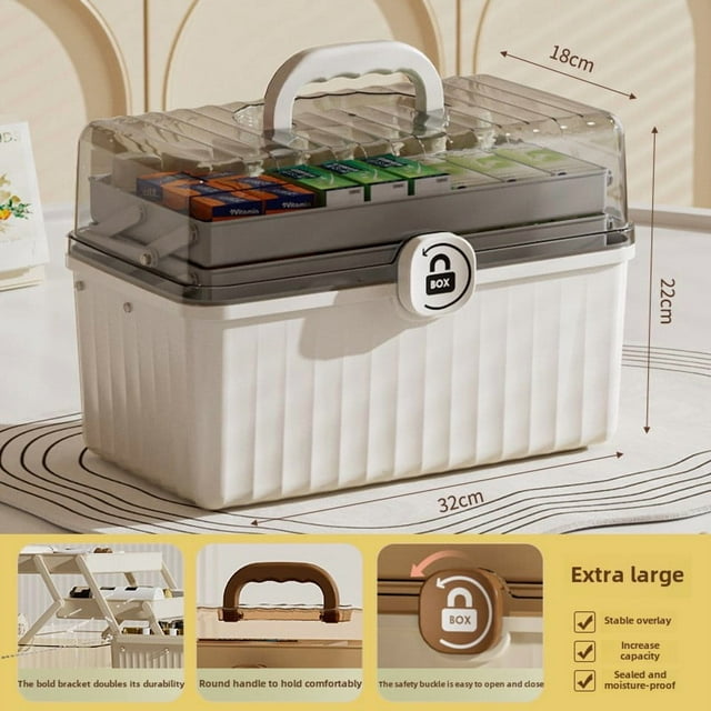 Eco-Friendly Large-Capacity 3-Layer Medical Storage Box with Customizable Logo, Durable Plastic Construction, Rotating Lock, and Handle - Multi-Functional Ivory White Home First Aid Organizer for