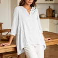 thumbnail image 6 of Qzwdhjm Womens 3/4 Sleeve Tops Stand V Neck Linen Top with Asymmetric Hem Side Pleated Loose Casual Shirts for Summer Going Out, 6 of 7